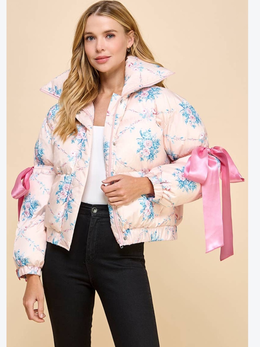TCEC Coquette Floral Print Bow Knot Puffer Jacket Small NWT Coat High Collar